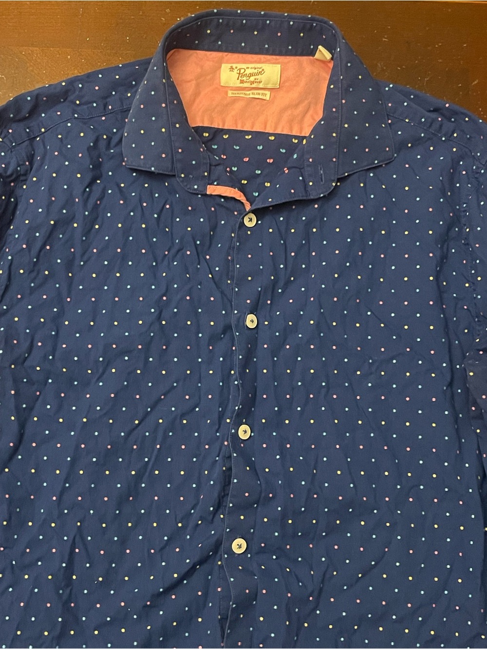 Original Penguin Munsingwear Heritage Slim Fit Button Up Shirt Navy Polka DotMEN